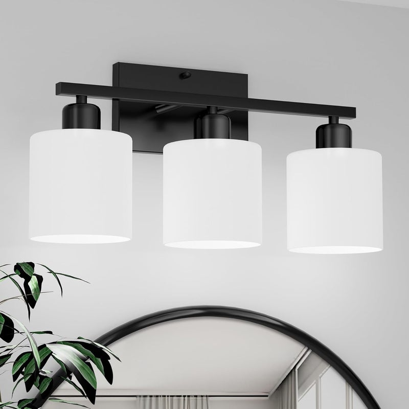 Dekang Black Bathroom Light Fixtures Over Mirror, Rustproof Vanity Lights for Bathroom, Modern 3-Light Wall Sconces for Living Room, Milky White Glass Shades, Standard E26 Base, Bulbs Not Included - Image 1